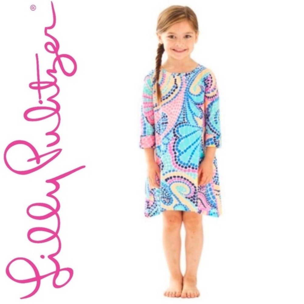 LILLY PULITZER Girls L 8-10 Roll Cuff Mini Edna Dress Mosaic Fish Shells